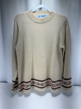 Koret Cream Crewneck Sweater with Multicolor Geometric Hem 4579